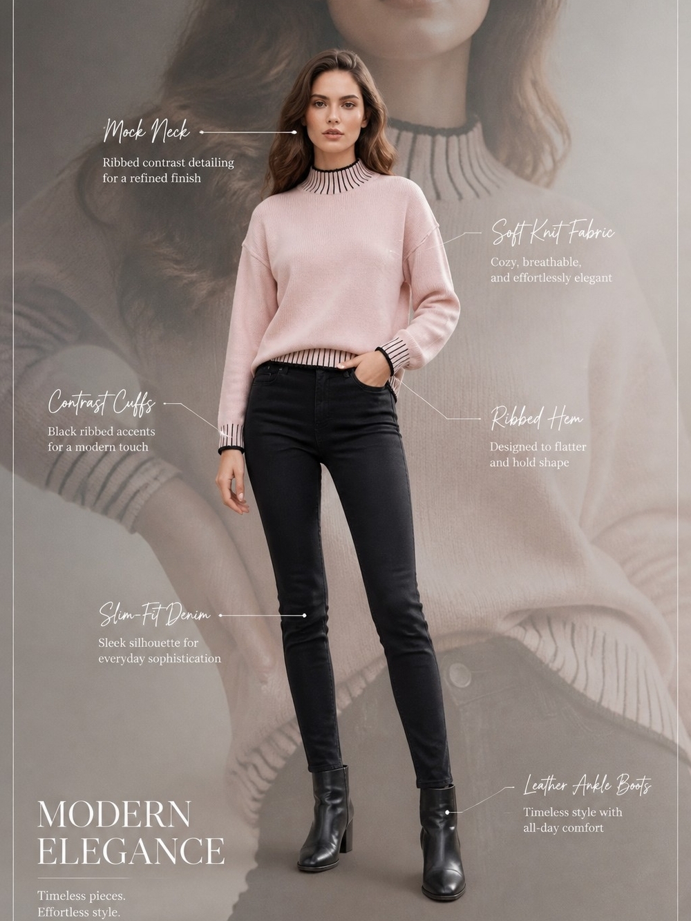 Cream Crewneck Sweater with Black Trim - Women's Sweater - Picture 2 of 15